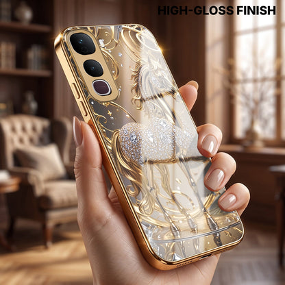 Vivo Y400 Pro 5G Luxury Horse Texture Gold Electroplated Glass Phone Back Case