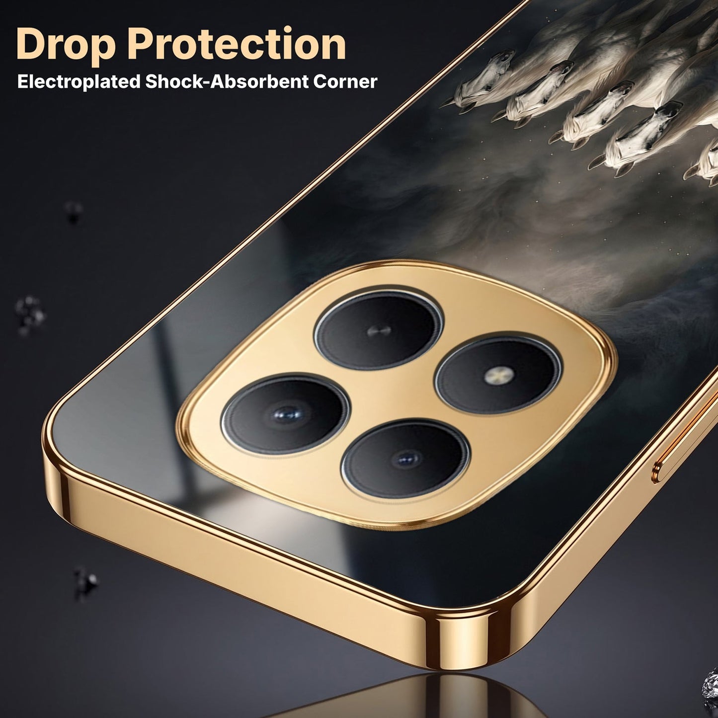 Redmi Note 15 Pro+ 5G Running Horses Gold Electroplated Glass Phone Back Case