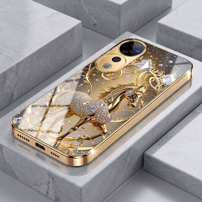 Vivo V40 Pro 5G Luxury Horse Texture Gold Electroplated Glass Phone Back Case