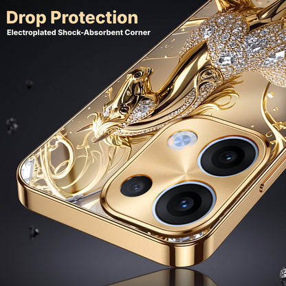 Oppo Reno 13 5G Luxury Horse Texture Gold Electroplated Glass Phone Back Case