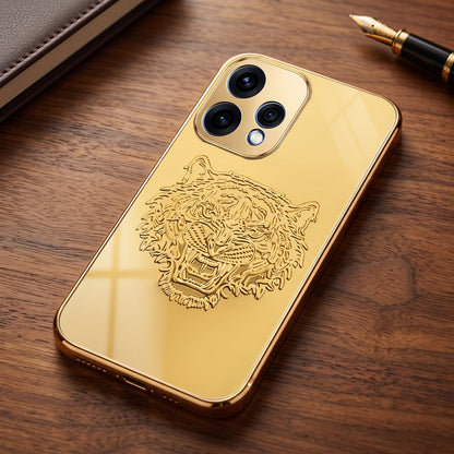 Oppo Reno 15 5G Golden Tiger Face Gold Electroplated Glass Phone Back Case