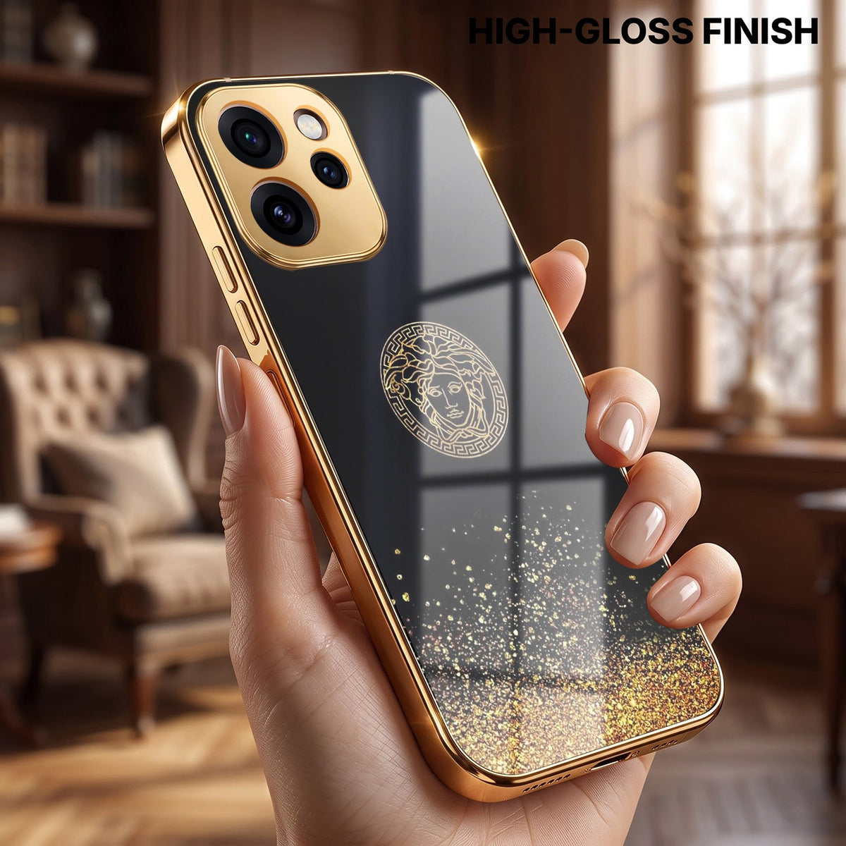 Oppo Reno 15 Pro Mini 5G Medusa Head Gold Electroplated Glass Phone Back Case