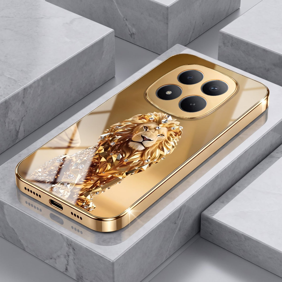 Redmi Note 15 Pro+ 5G Luxury Lion Gold Electroplated Glass Phone Back Case