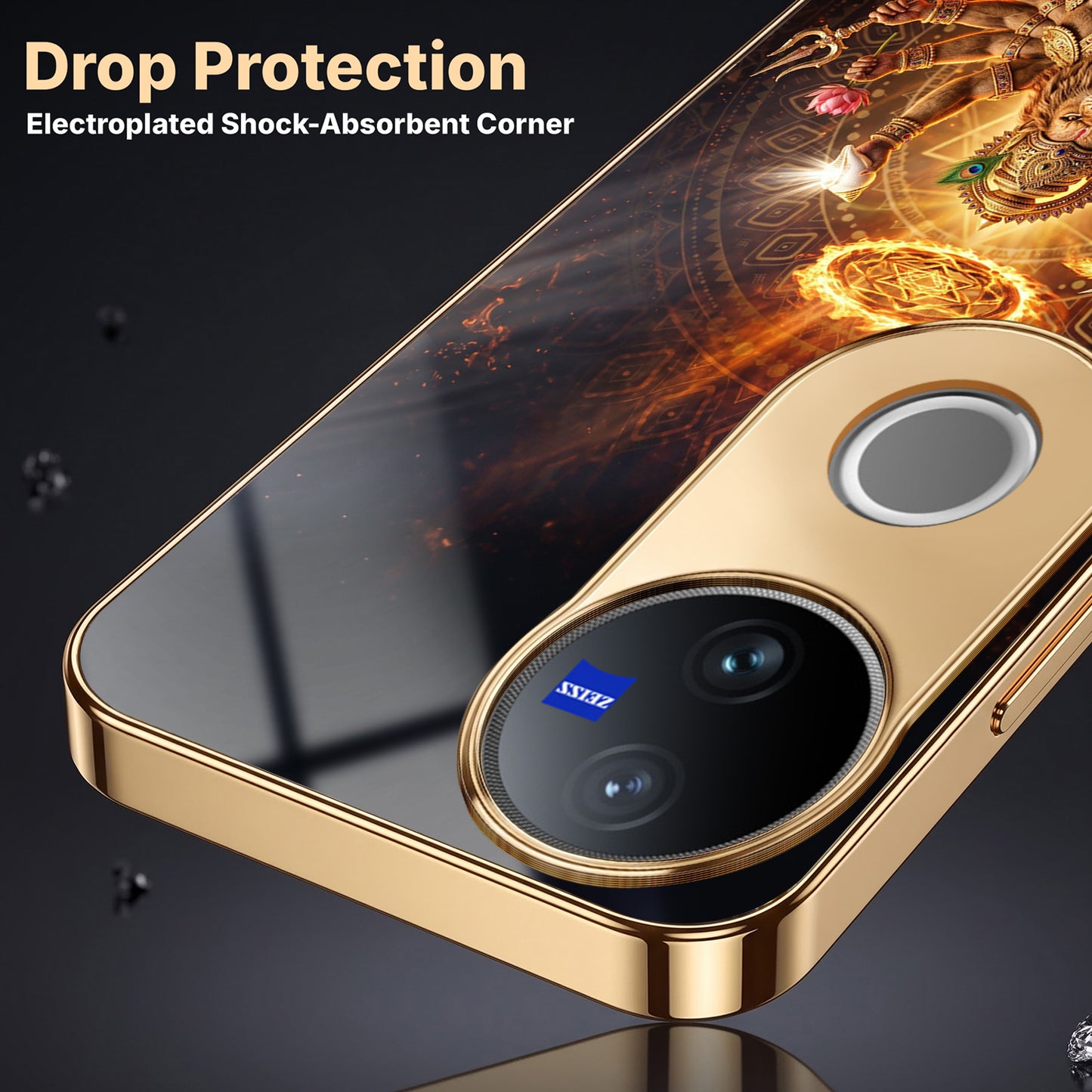 Vivo V50 5G Lord Narasimha Gold Electroplated Glass Phone Back Case