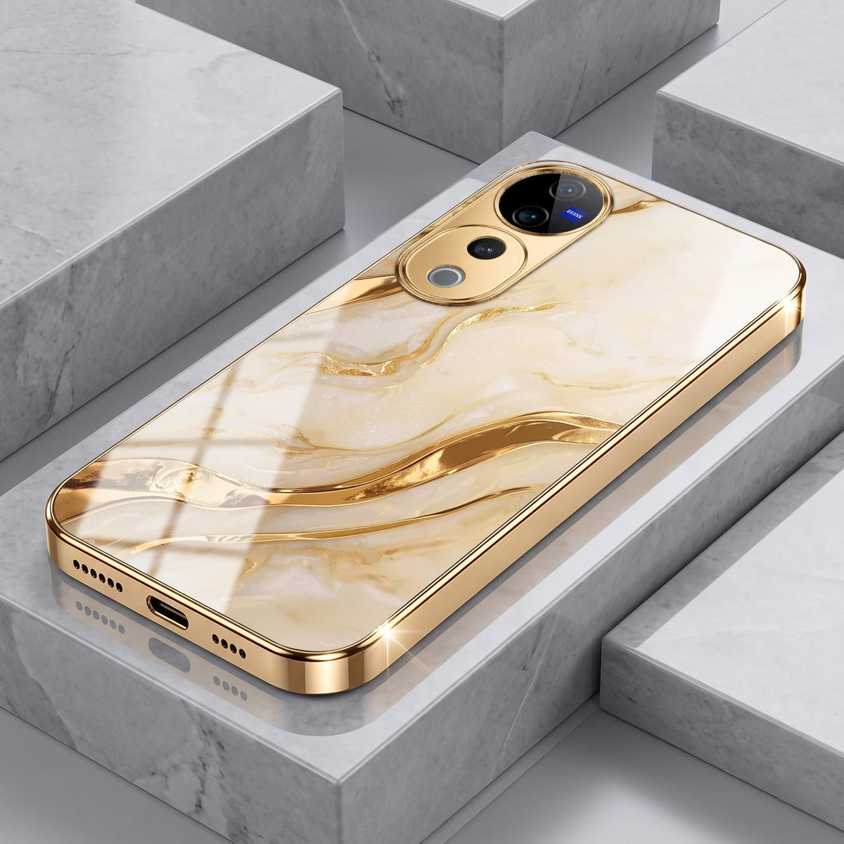 Vivo V40 Pro 5G Marvel Texture Gold Electroplated Glass Phone Back Case