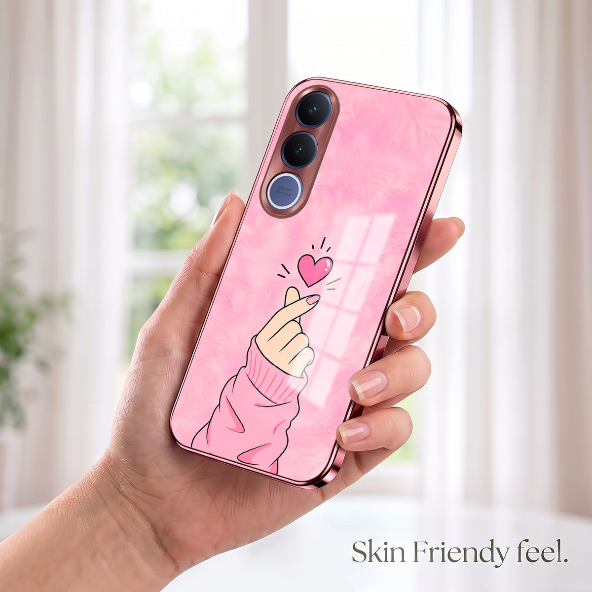 Vivo V70 FE 5G Luxury Heart Pink Electroplated Glass Phone Back Case