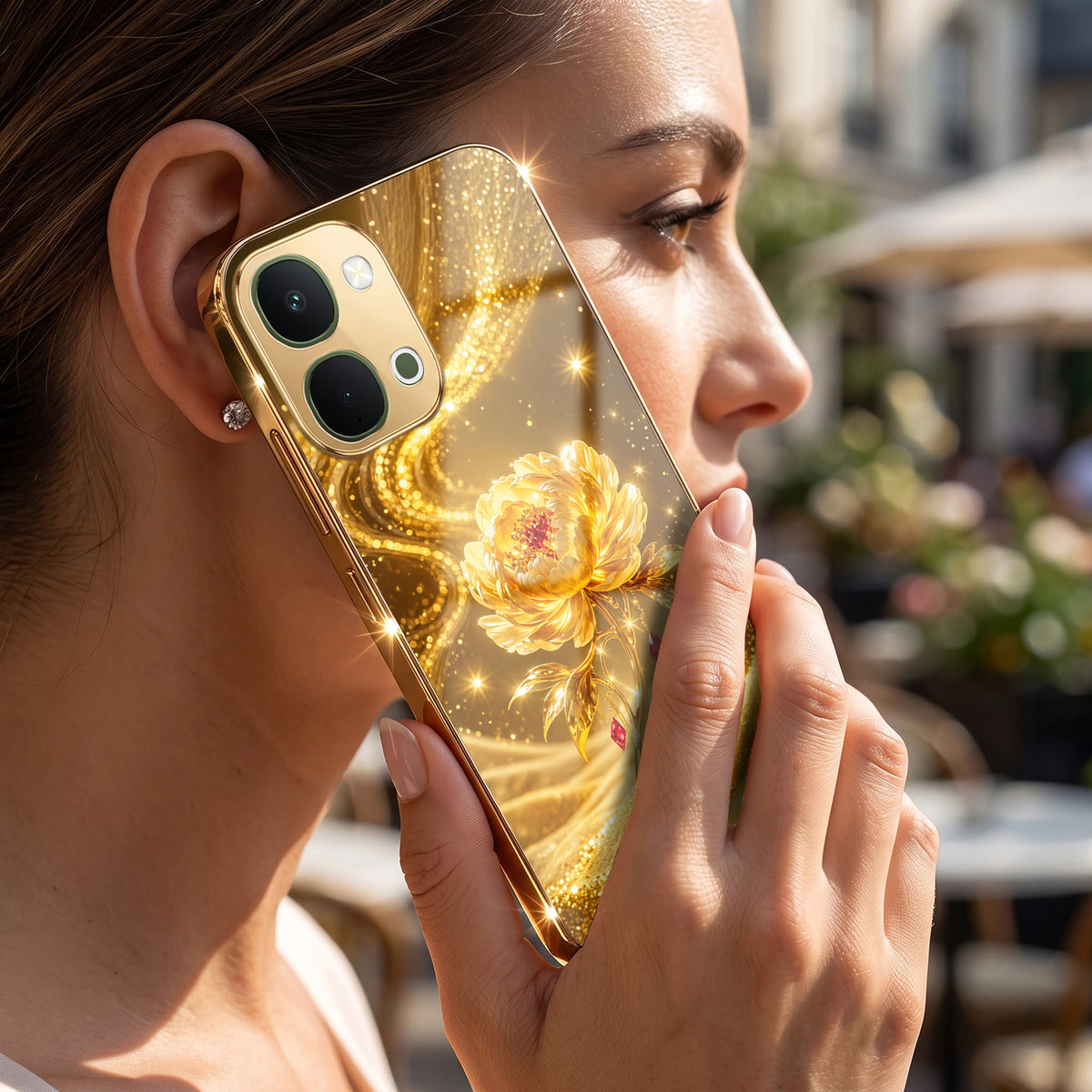 Vivo T5x 5G Golden Rose Elegance Gold Electroplated Glass Phone Back Case