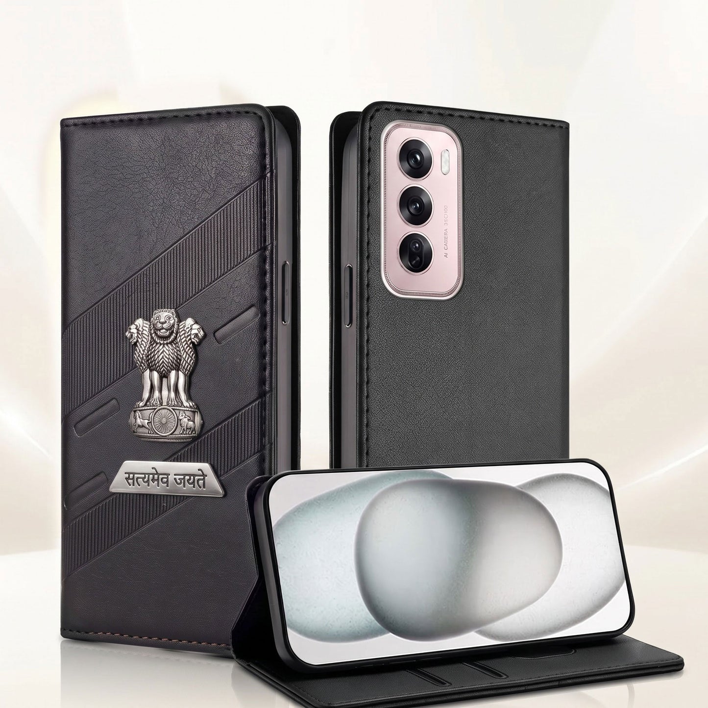 Oppo Reno 12 Pro 5G Metal Satyamev Jayate 2-in-1 Emblem Magnetic Flip Wallet Case