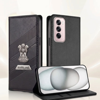 Oppo Reno 12 Pro 5G Metal Satyamev Jayate 2-in-1 Emblem Magnetic Flip Wallet Case