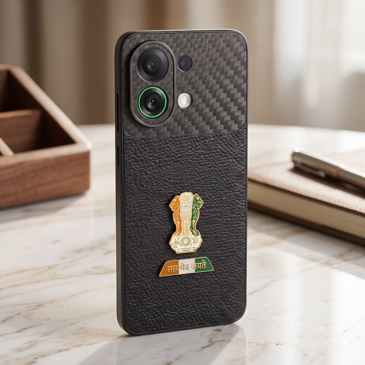 Oppo K13 Turbo 5G Tri-Color Satyamev Jayate Carbon Fiber Leather Hybrid Phone Case