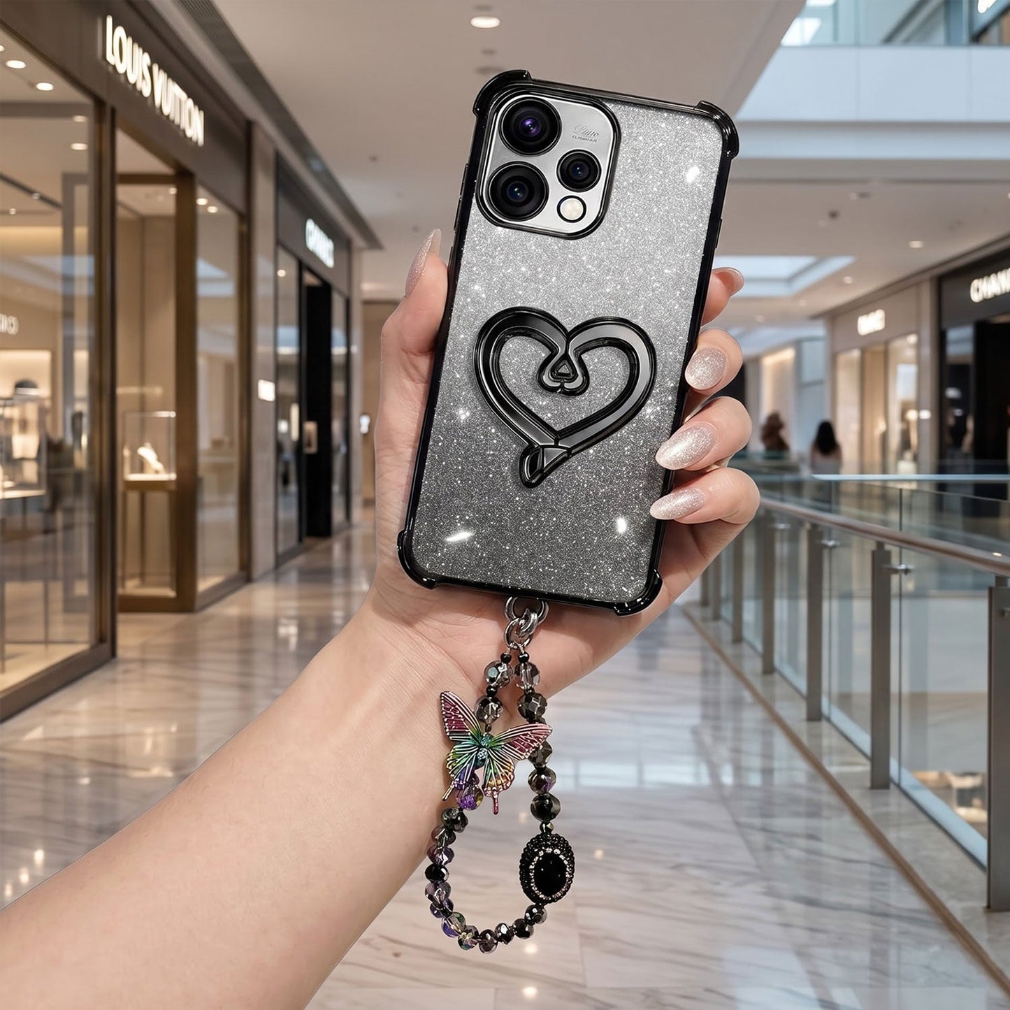 Oppo Reno 15 5G Luxury Shimmer Airbag Heart Stand Case with Charm Strap