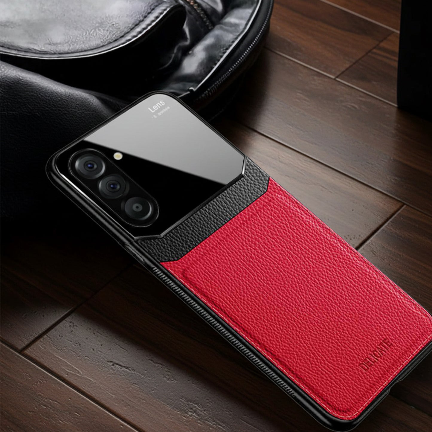 Samsung Galaxy A56 5G Phone case with black and red design on a wooden surface