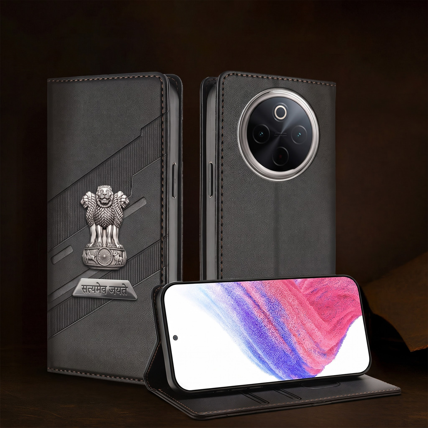 Vivo T4 5G Metal Satyamev Jayate 2-in-1 Emblem Magnetic Flip Wallet Case