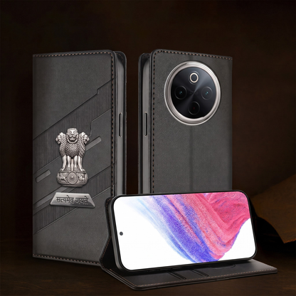 Vivo T4 5G Metal Satyamev Jayate 2-in-1 Emblem Magnetic Flip Wallet Case