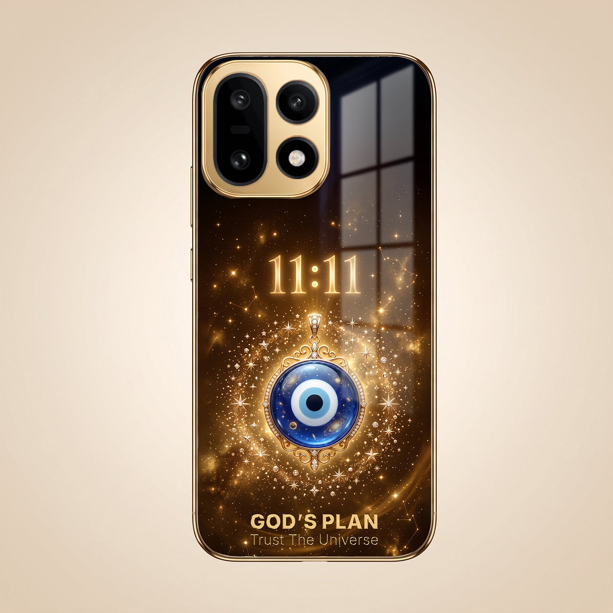 OnePlus 15 5G God’s Plan Evil Eye Gold Electroplated Glass Phone Back Case