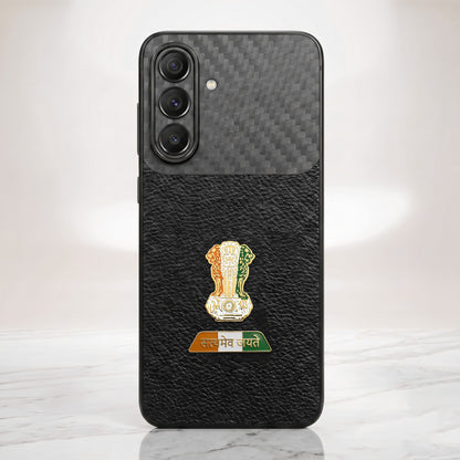 Samsung Galaxy A57 5G Tri-Color Satyamev Jayate Carbon Fiber Leather Hybrid Phone Case