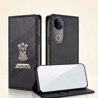 Vivo V50 5G Metal Satyamev Jayate 2-in-1 Emblem Magnetic Flip Wallet Case