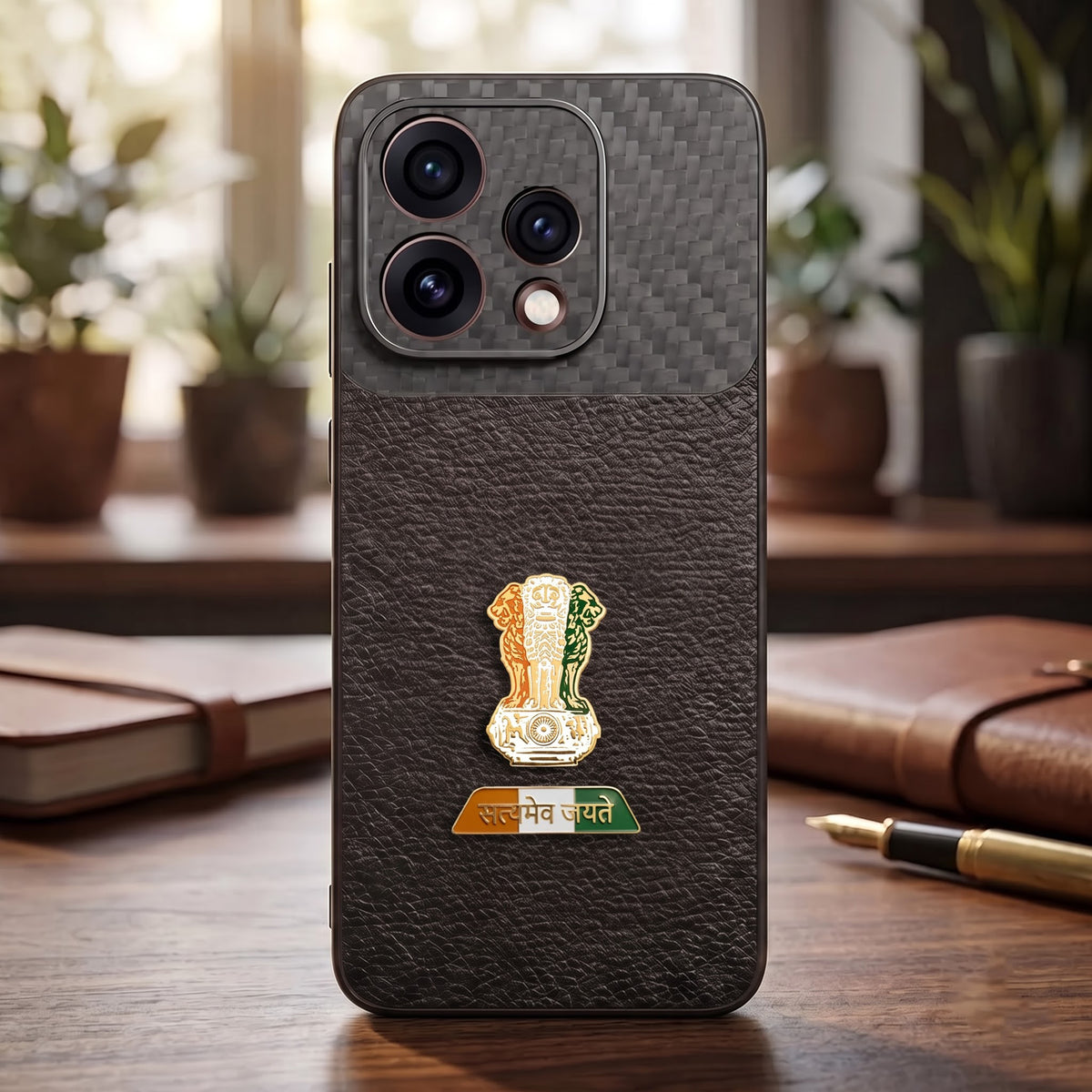 Oppo Reno 15 5G Tri-Color Satyamev Jayate Carbon Fiber Leather Hybrid Phone Case