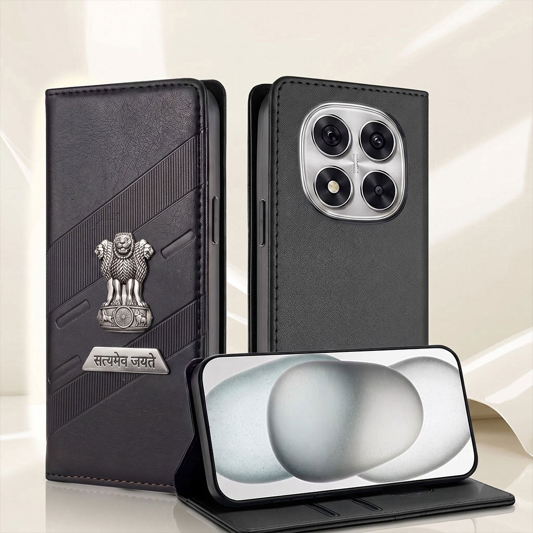 Redmi Note 14 Pro+ 5G Metal Satyamev Jayate 2-in-1 Emblem Magnetic Flip Wallet Case