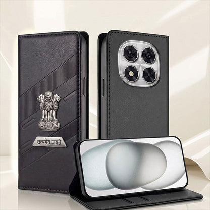 Redmi Note 14 Pro+ 5G Metal Satyamev Jayate 2-in-1 Emblem Magnetic Flip Wallet Case