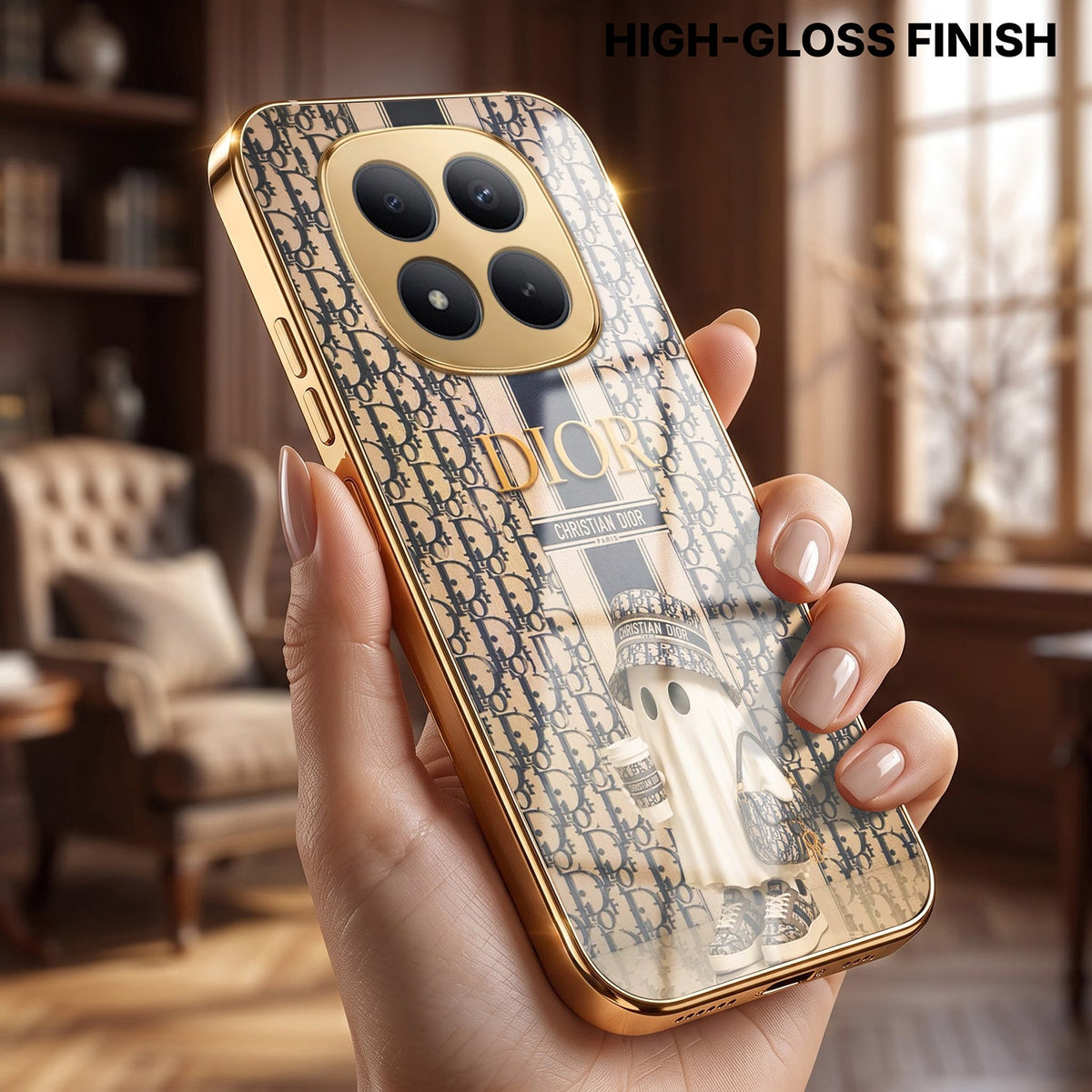 Redmi Note 15 Pro+ 5G Luxury Dior Gold Electroplated Glass Phone Back Case