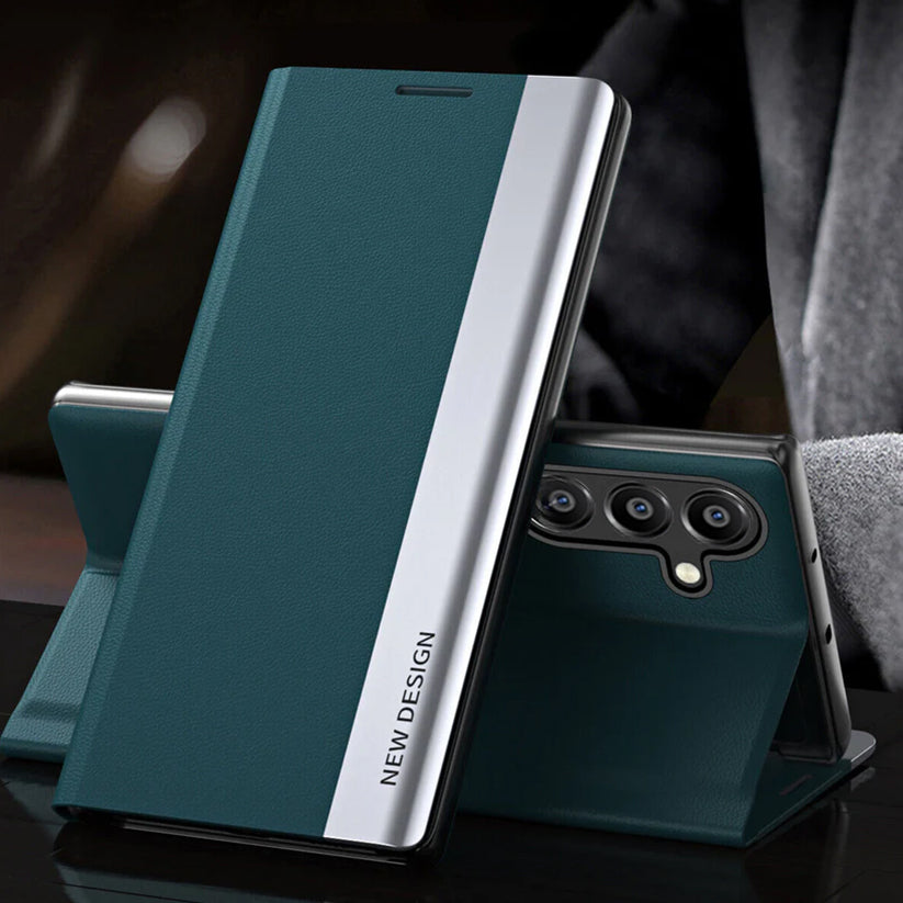 Teal phone case with stand feature on a dark surface