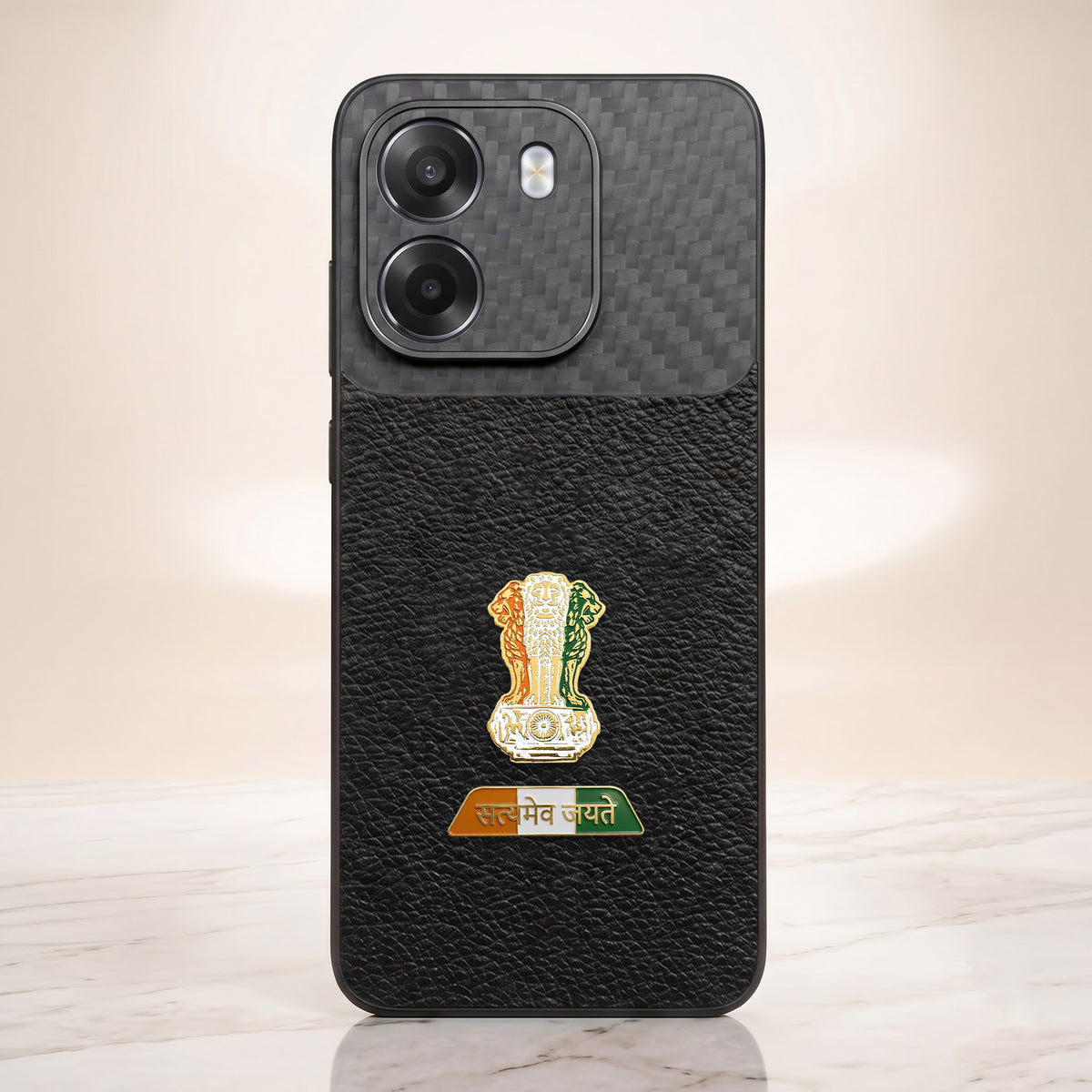Oppo K14 5G Tri-Color Satyamev Jayate Carbon Fiber Leather Hybrid Phone Case