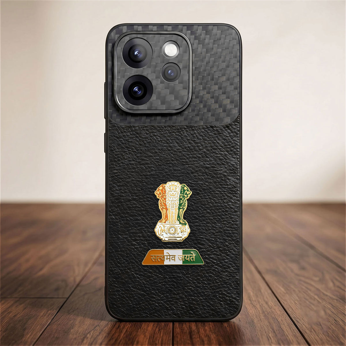 Oppo Reno 15 Pro Mini 5G Tri-Color Satyamev Jayate Carbon Fiber Leather Hybrid Phone Case