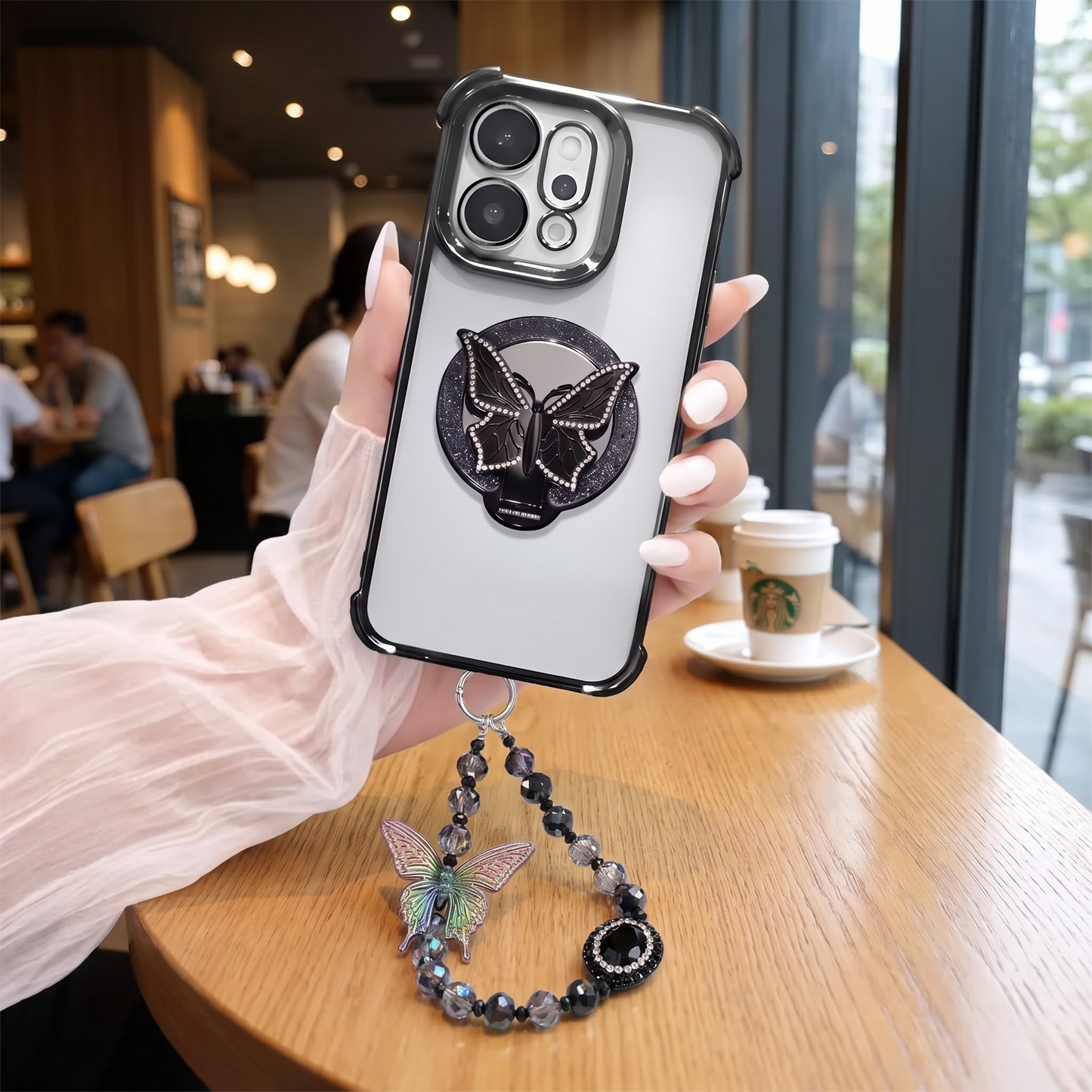 Oppo Reno 14 5G Transparent Airbag Butterfly Stand Case with Charm Strap