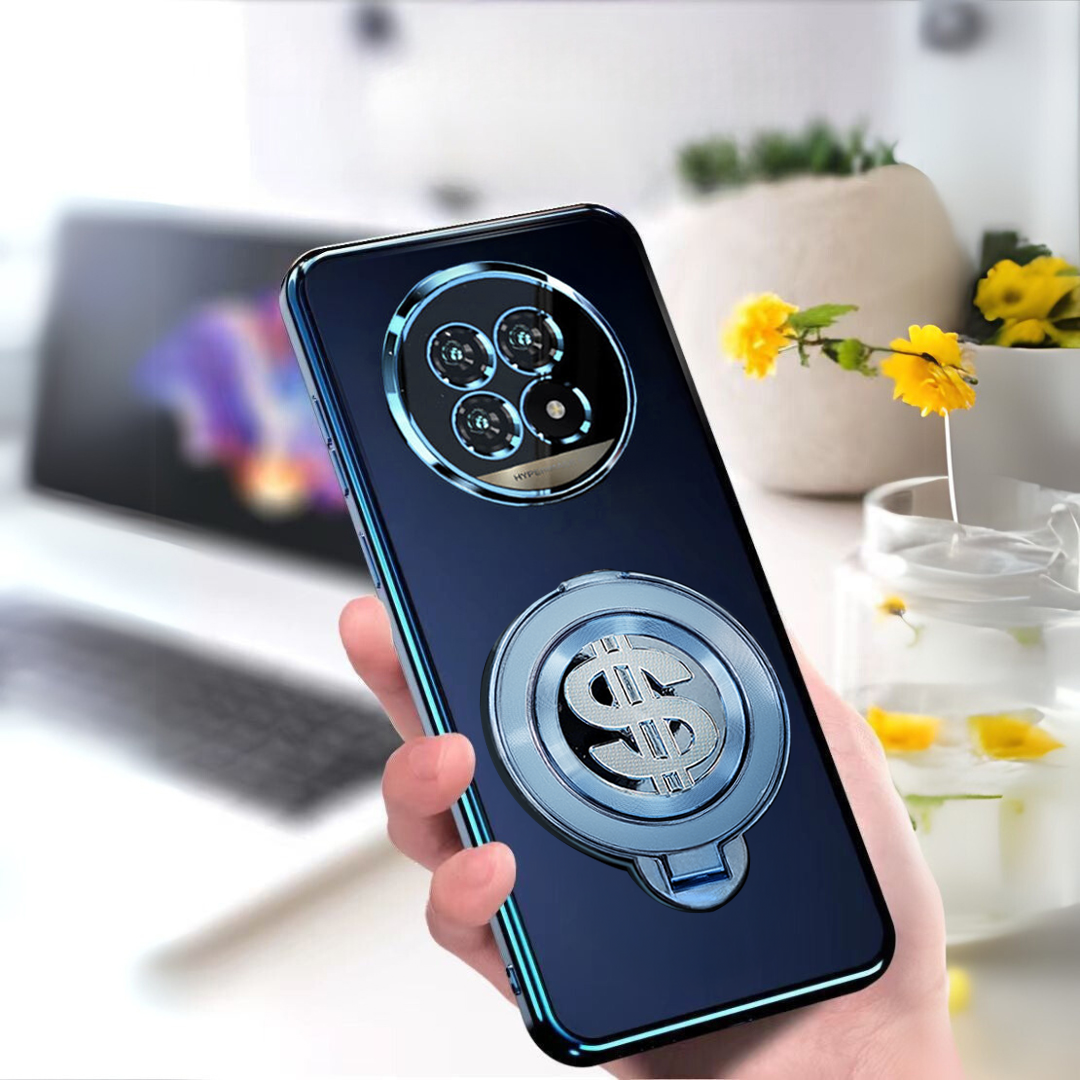 Smartphone with a dollar sign case held by a hand, blurred office background