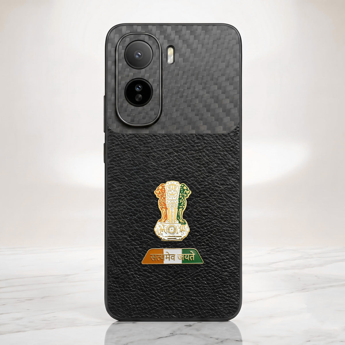 Vivo T5 Pro 5G Tri-Color Satyamev Jayate Carbon Fiber Leather Hybrid Phone Case