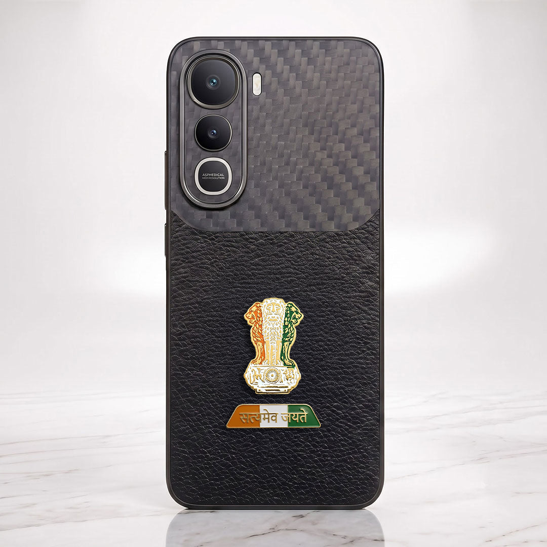 Vivo Y400 Pro 5G Tri-Color Satyamev Jayate Carbon Fiber Leather Hybrid Phone Case