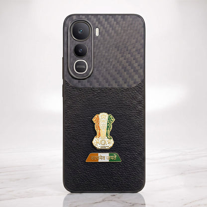 Vivo Y400 Pro 5G Tri-Color Satyamev Jayate Carbon Fiber Leather Hybrid Phone Case