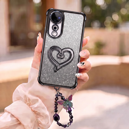 Vivo V40 Pro 5G Luxury Shimmer Airbag Heart Stand Case with Charm Strap