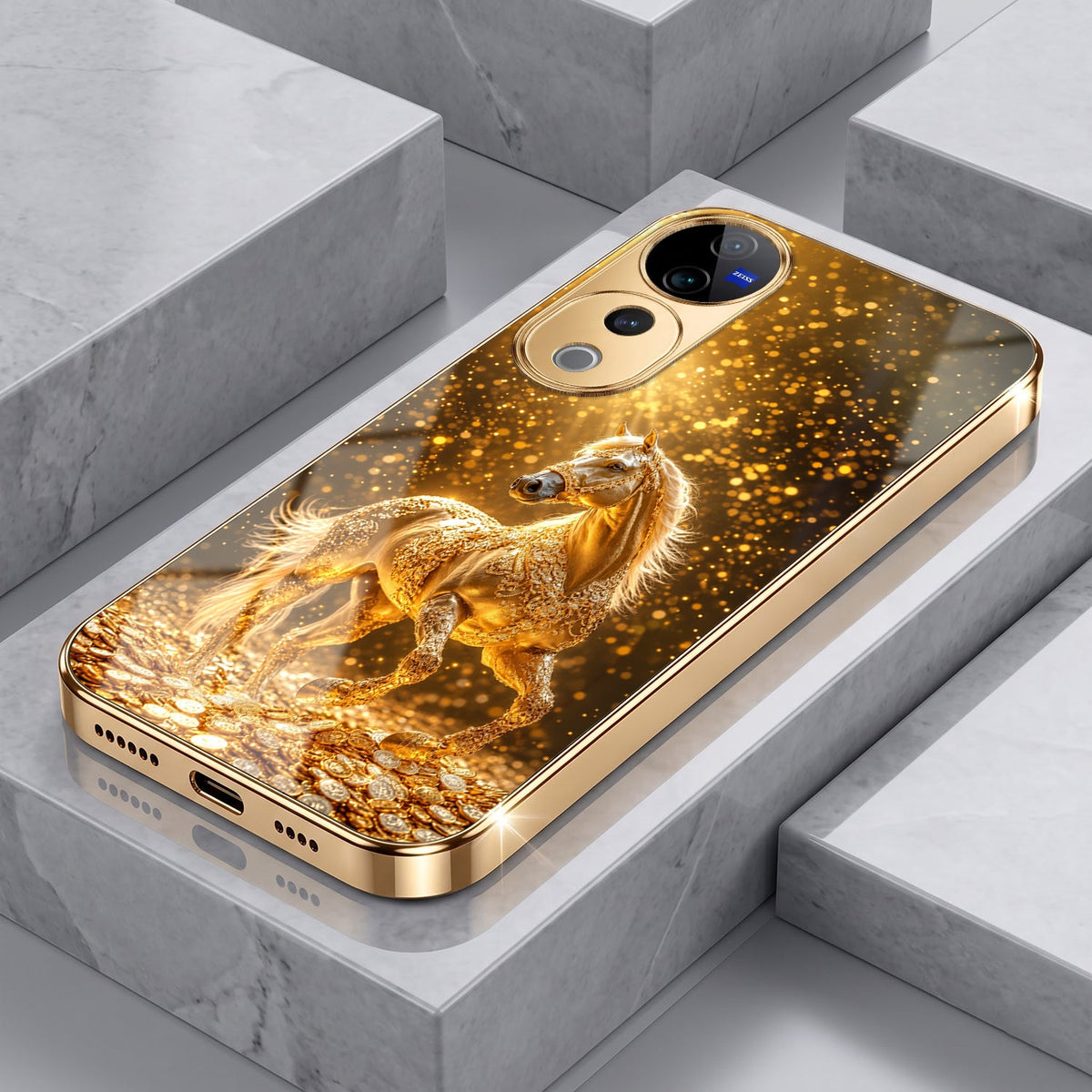Vivo V40 Pro 5G Golden Horse Sparkle Gold Electroplated Glass Phone Back Case