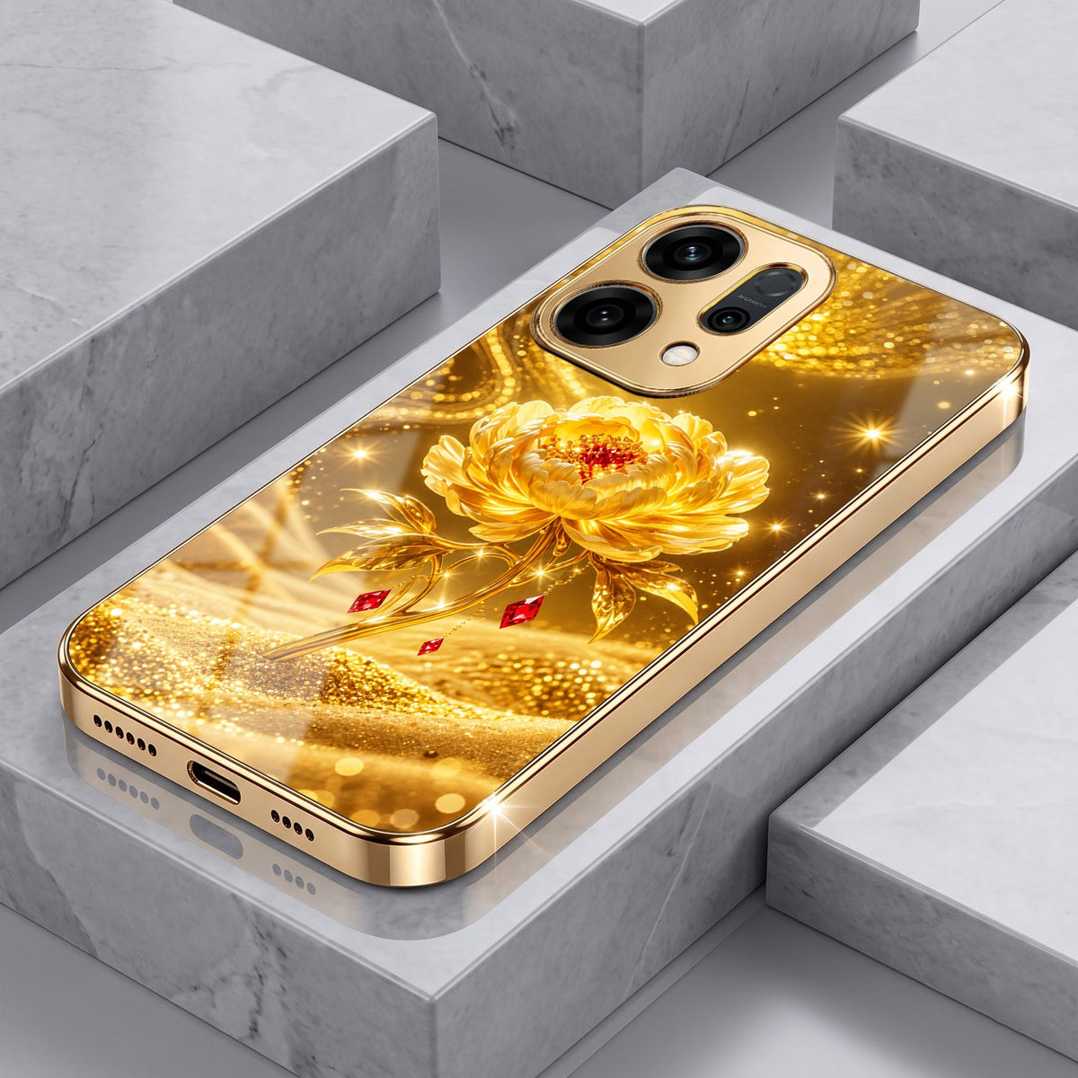 Oppo Reno 14 5G Golden Rose Elegance Gold Electroplated Glass Phone Back Case