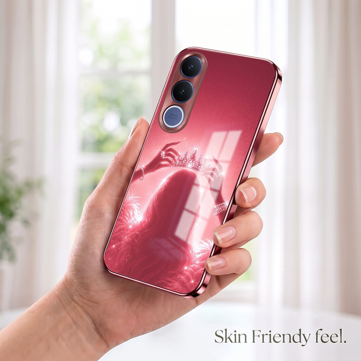 Vivo V70 FE 5G Luxury Crown Queen Pink Electroplated Glass Phone Back Case