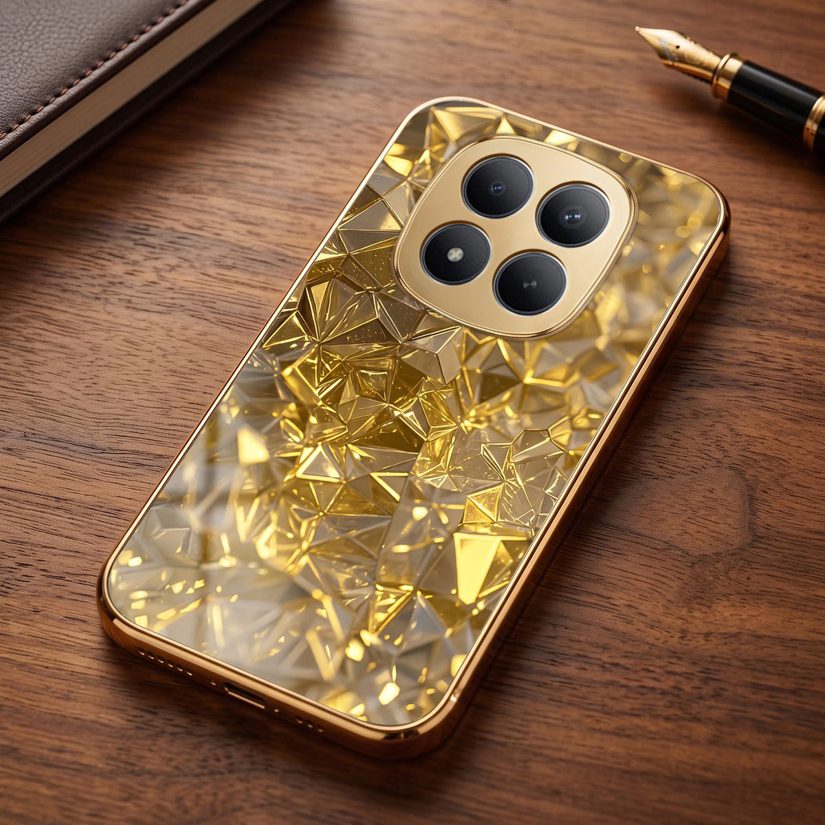 Redmi Note 15 Pro+ 5G Golden Diamond Shatter Gold Electroplated Glass Phone Back Case