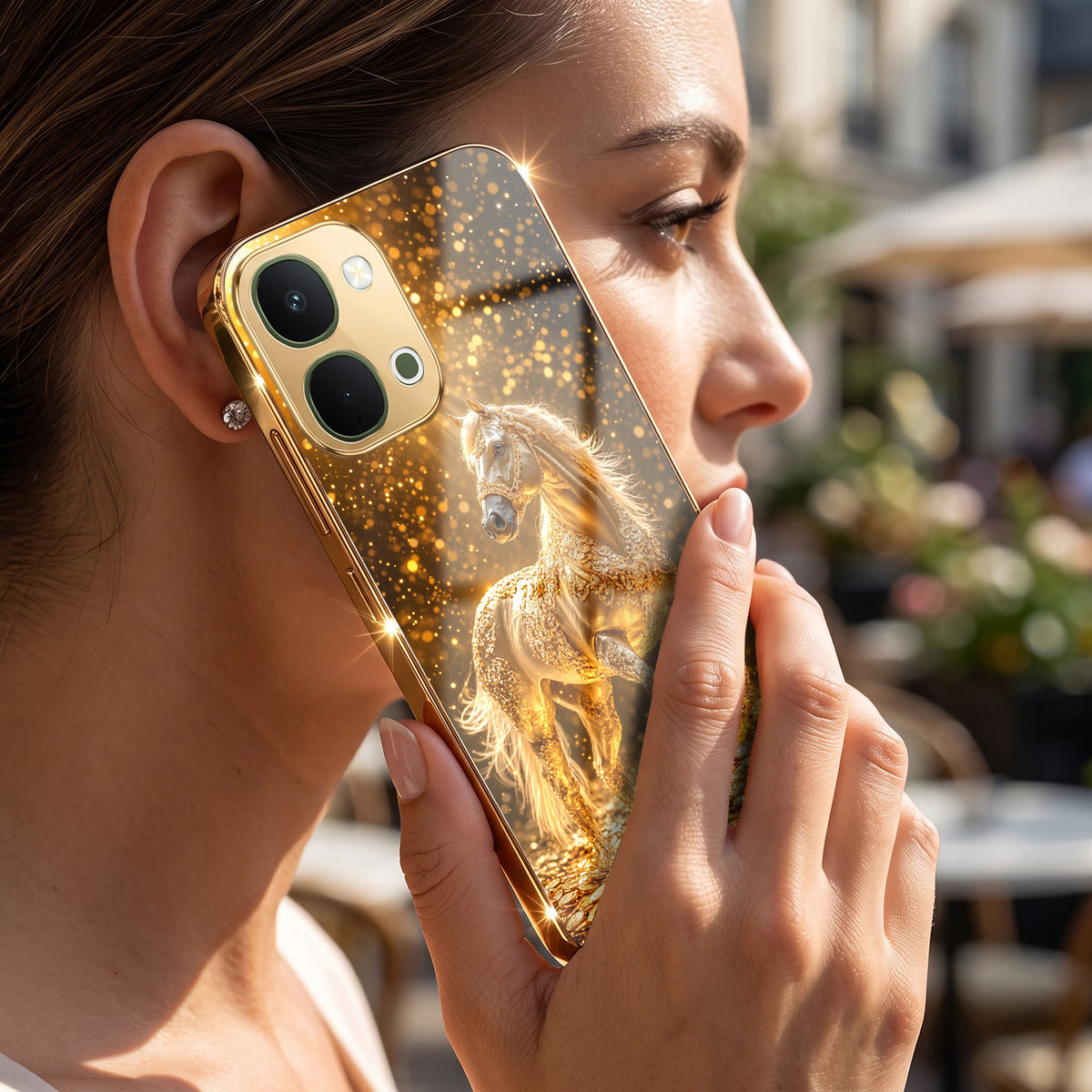 Vivo T5x 5G Golden Horse Sparkle Gold Electroplated Glass Phone Back Case