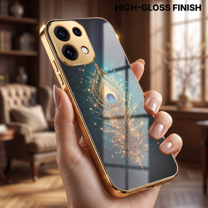 Oppo Reno 16C 5G Golden Peacock Feather Gold Electroplated Glass Phone Back Case