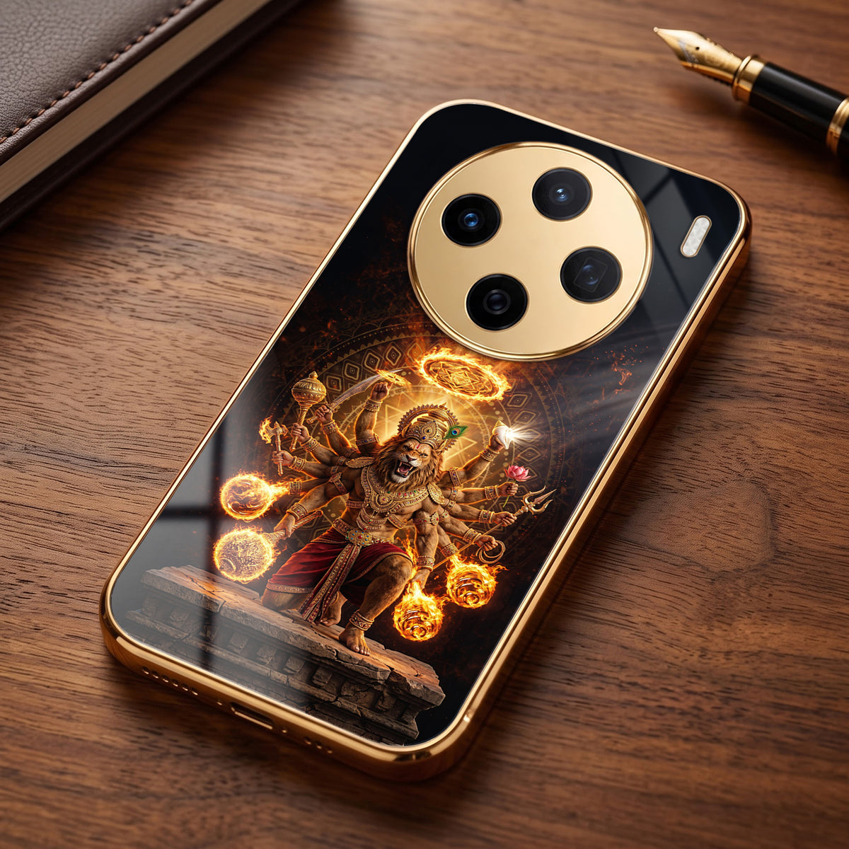 Vivo X200T 5G Lord Narasimha Gold Electroplated Glass Phone Back Case