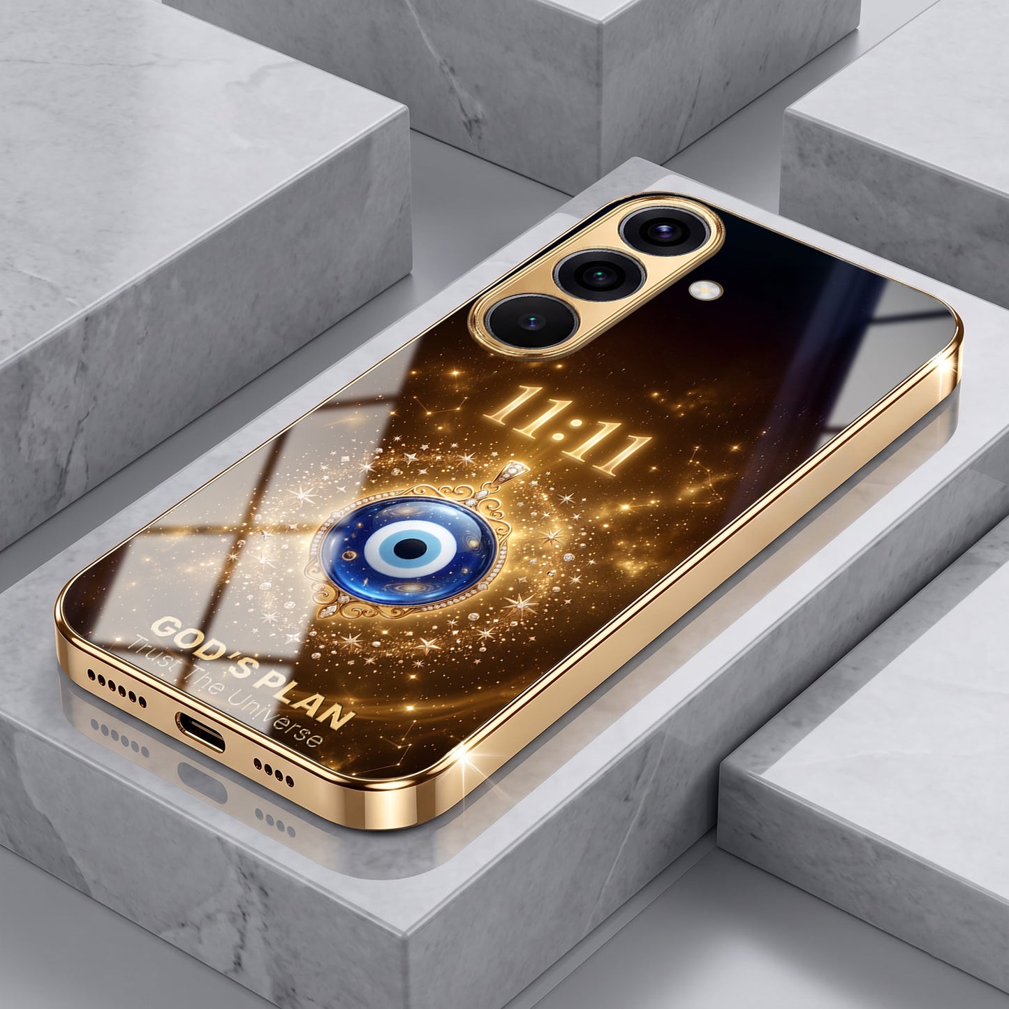 Samsung Galaxy A36 5G God’s Plan Evil Eye Gold Electroplated Glass Phone Back Case