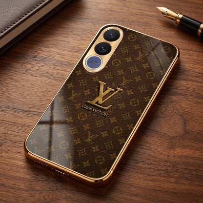 Vivo V70 FE 5G LV Brown Monogram Gold Electroplated Glass Phone Back Case