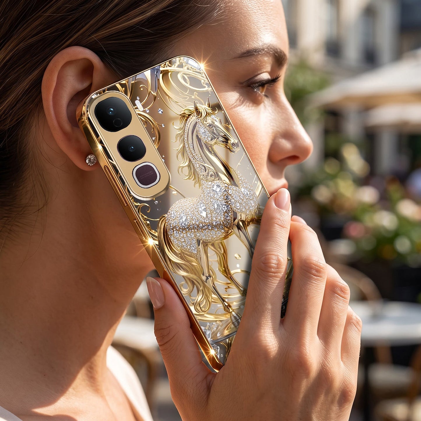 Vivo Y400 Pro 5G Luxury Horse Texture Gold Electroplated Glass Phone Back Case