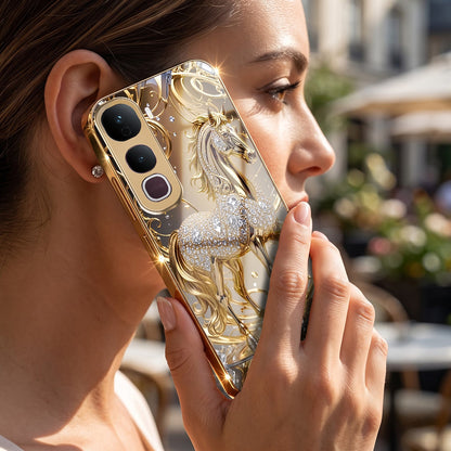 Vivo Y400 Pro 5G Luxury Horse Texture Gold Electroplated Glass Phone Back Case