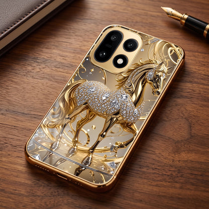 OnePlus 15 5G Luxury Horse Texture Gold Electroplated Glass Phone Back Case