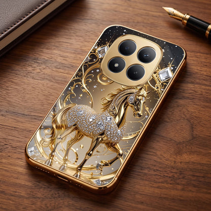 Redmi Note 15 Pro+ 5G Luxury Horse Texture Gold Electroplated Glass Phone Back Case