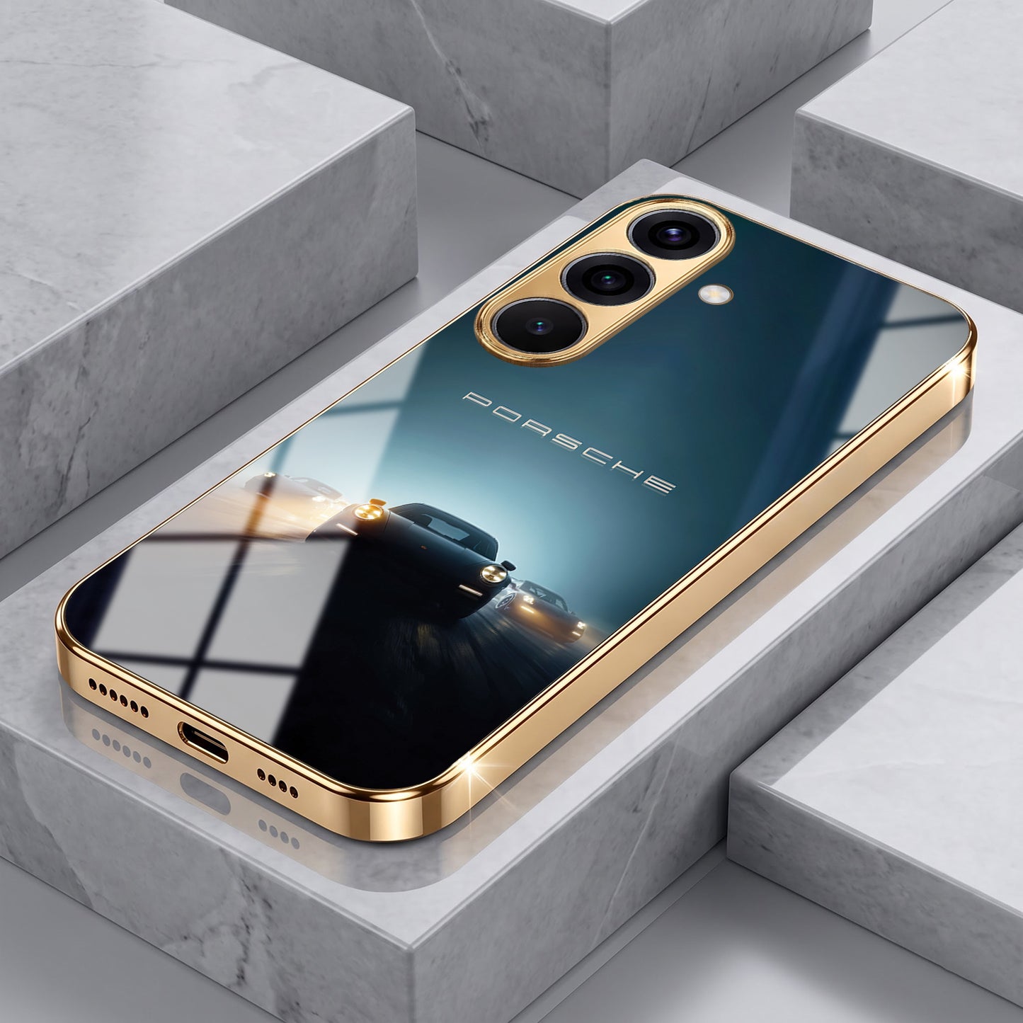 Samsung Galaxy A36 5G Porsche Luxury Gold Electroplated Glass Phone Back Case