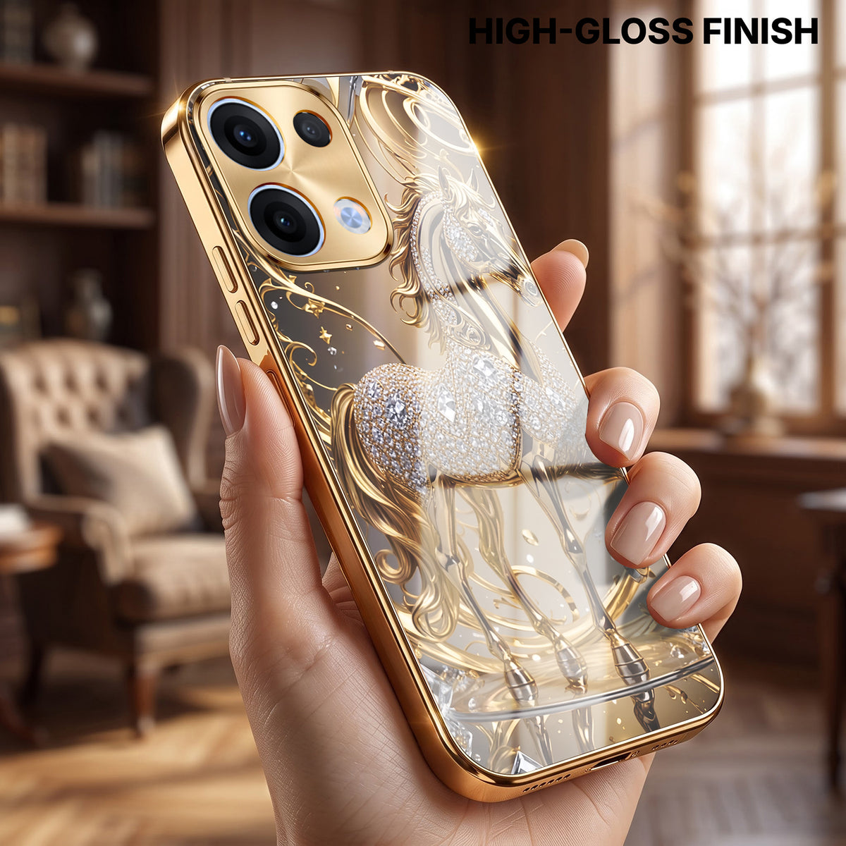 Oppo Reno 13 5G Luxury Horse Texture Gold Electroplated Glass Phone Back Case
