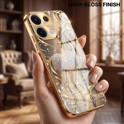 Oppo Reno 13 5G Luxury Horse Texture Gold Electroplated Glass Phone Back Case